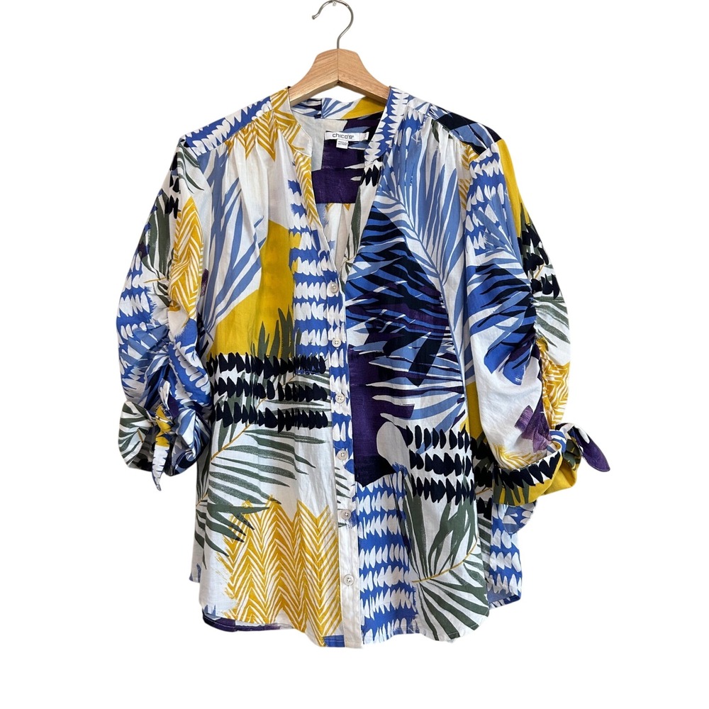 Chicos Size 10 Blue Purple Tropical Palm Cotton Button Ruffle Ruched Coastal